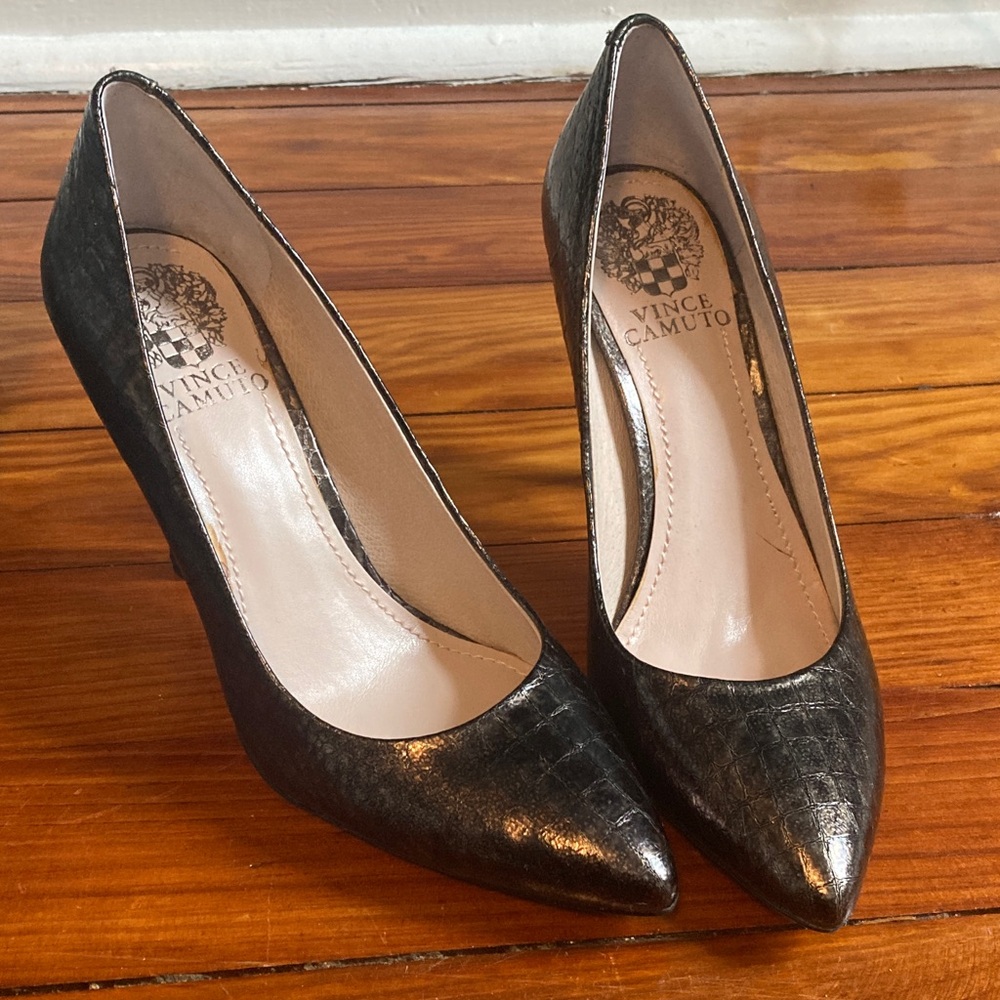 Vince Camuto Black Croc-Embossed Pointed Toe Heels